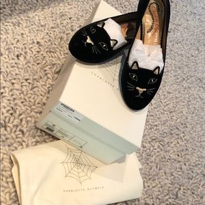 Charlotte Olympia black velvet classic kitty flats